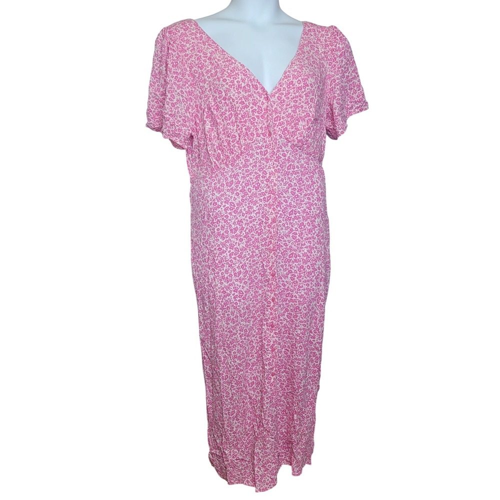 Old Navy Floral Midi Dress XL Pink Button Front Flutter Sleeve Boho Office Y2K - Picture 3 of 12